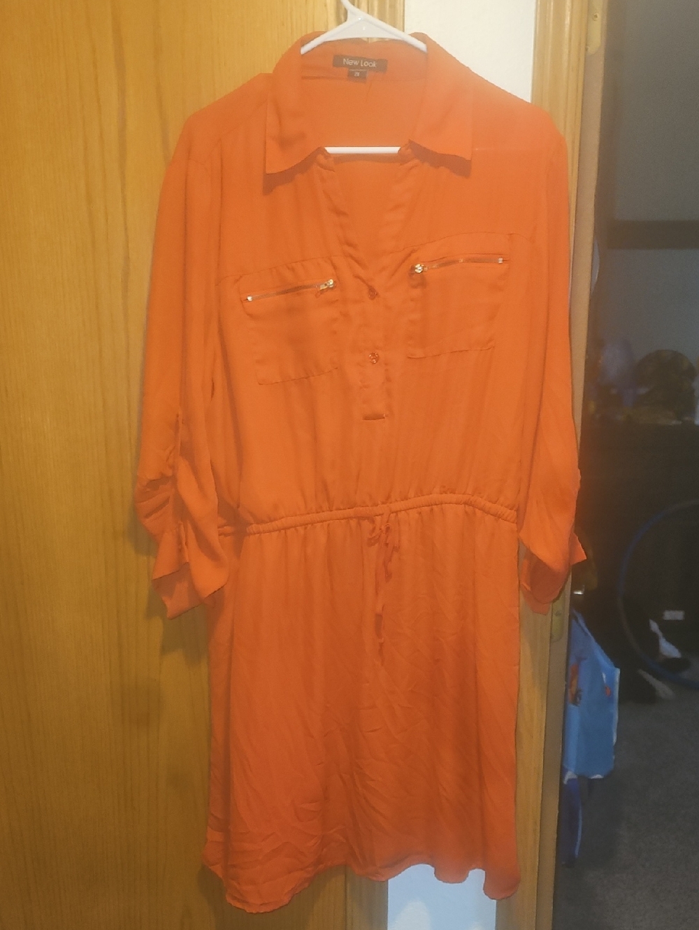 New Look Bright Orange Button-Front Shirt Dress with Zip Pockets